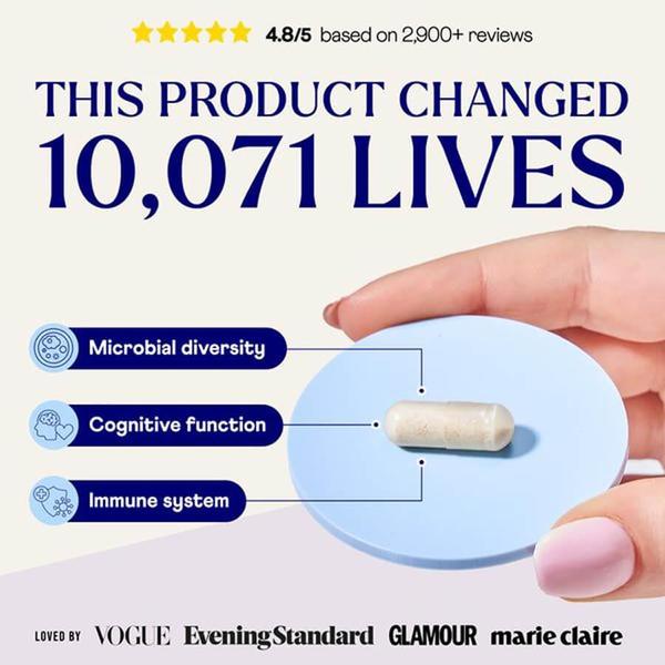 This ad creative uses a high-impact headline citing thousands of lives changed, anchored by a clear visual of a single probiotic capsule and its associated health benefits.